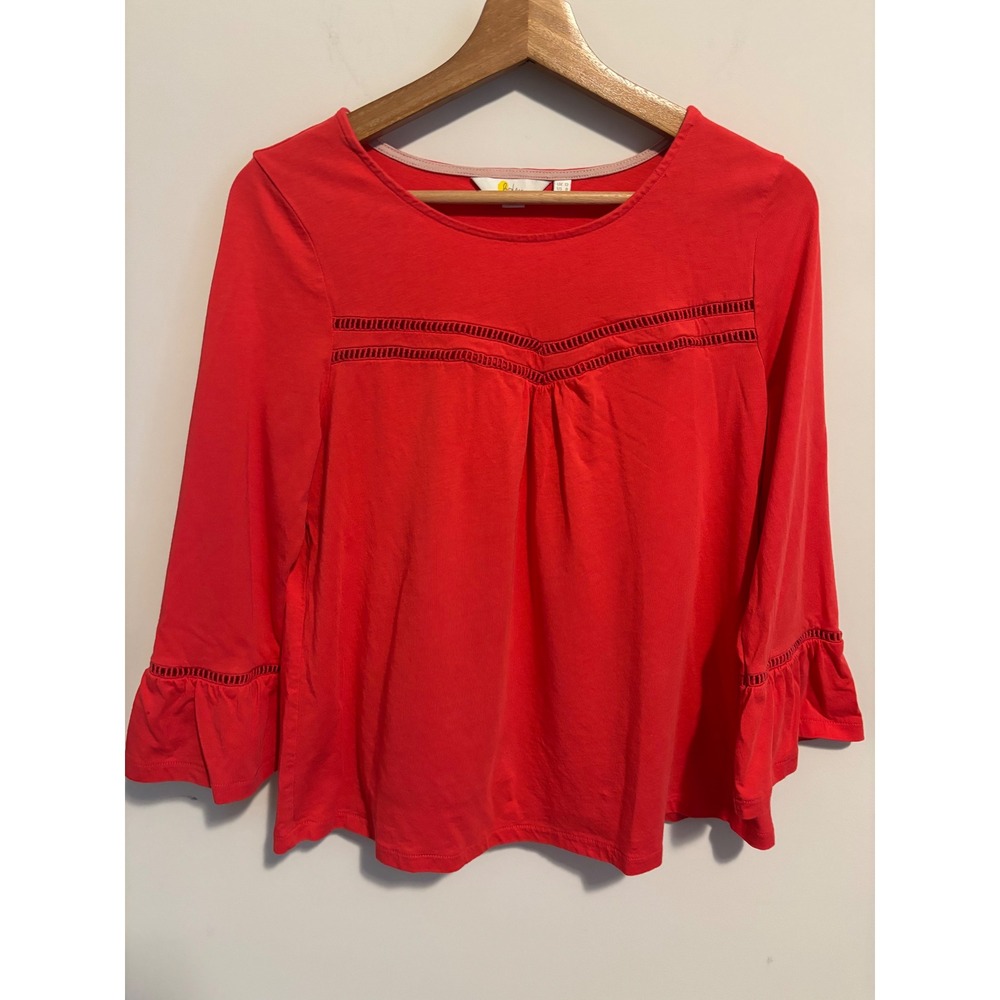 Boden Red Cotton Modal Ladder Stitch Bell Sleeve Top US 6 UK 10 boho